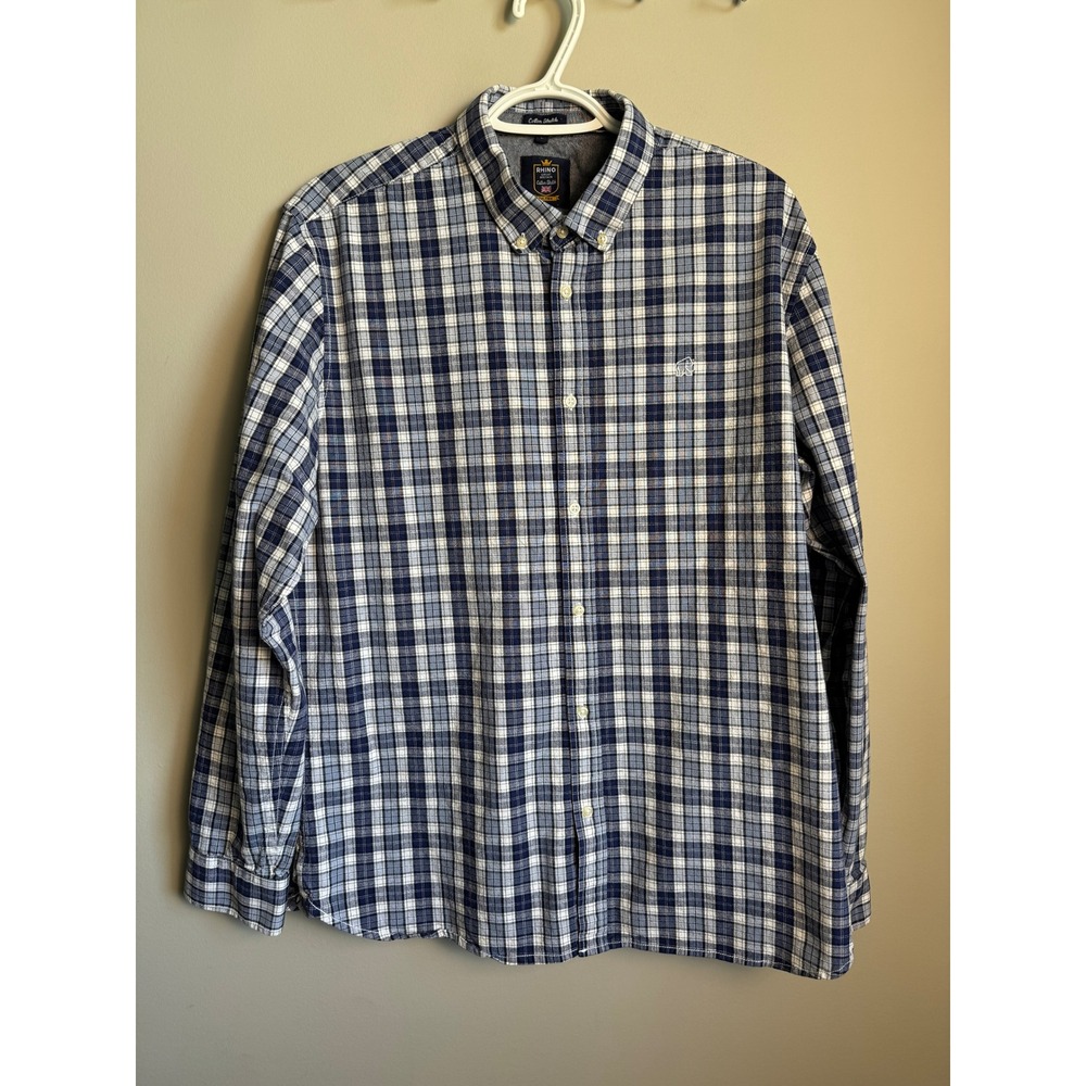 Rhino Mens Blue Plaid Cotton Stretch Button Down Shirt Size L Preppy Casual